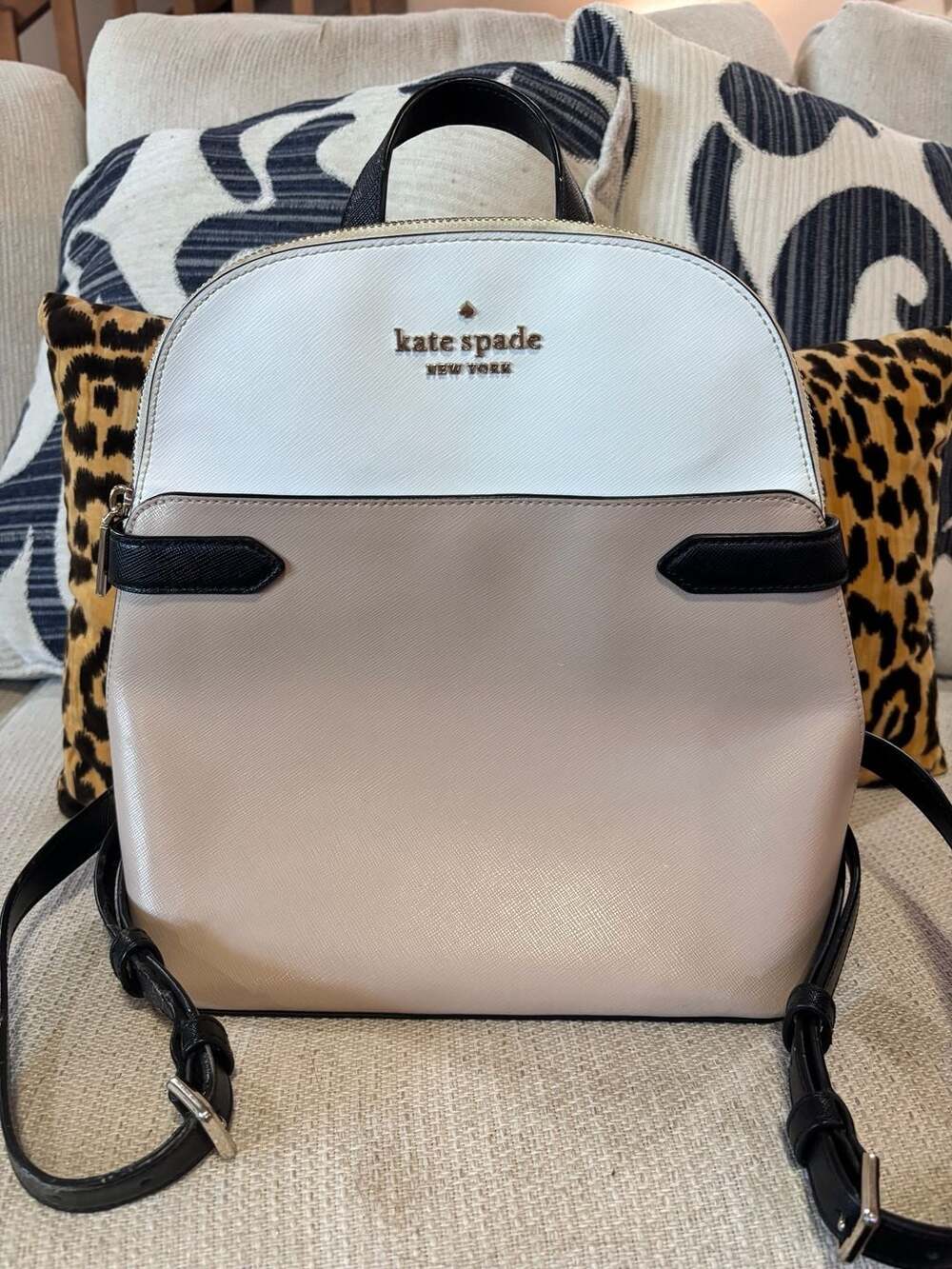 NWB Kate Spade Staci Dome Backpack Beige & White Leather Bag KG022 Gift Bag FS